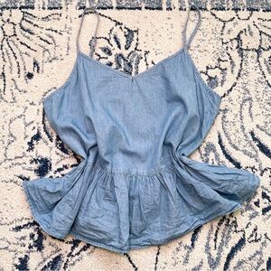 Chambray blue baby doll tank with ruffle peplum hem